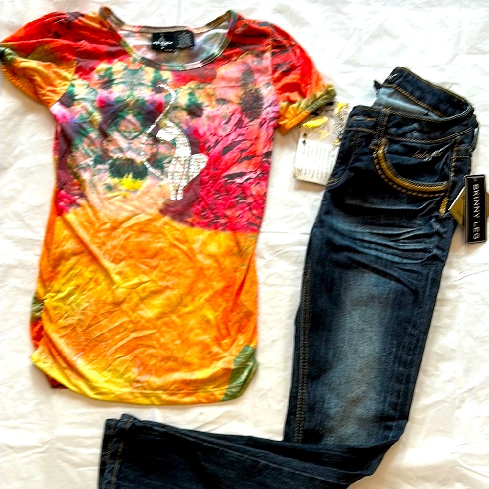 Baby Phat Red and Orange Matching Set Vibrant Top and Classic Denim